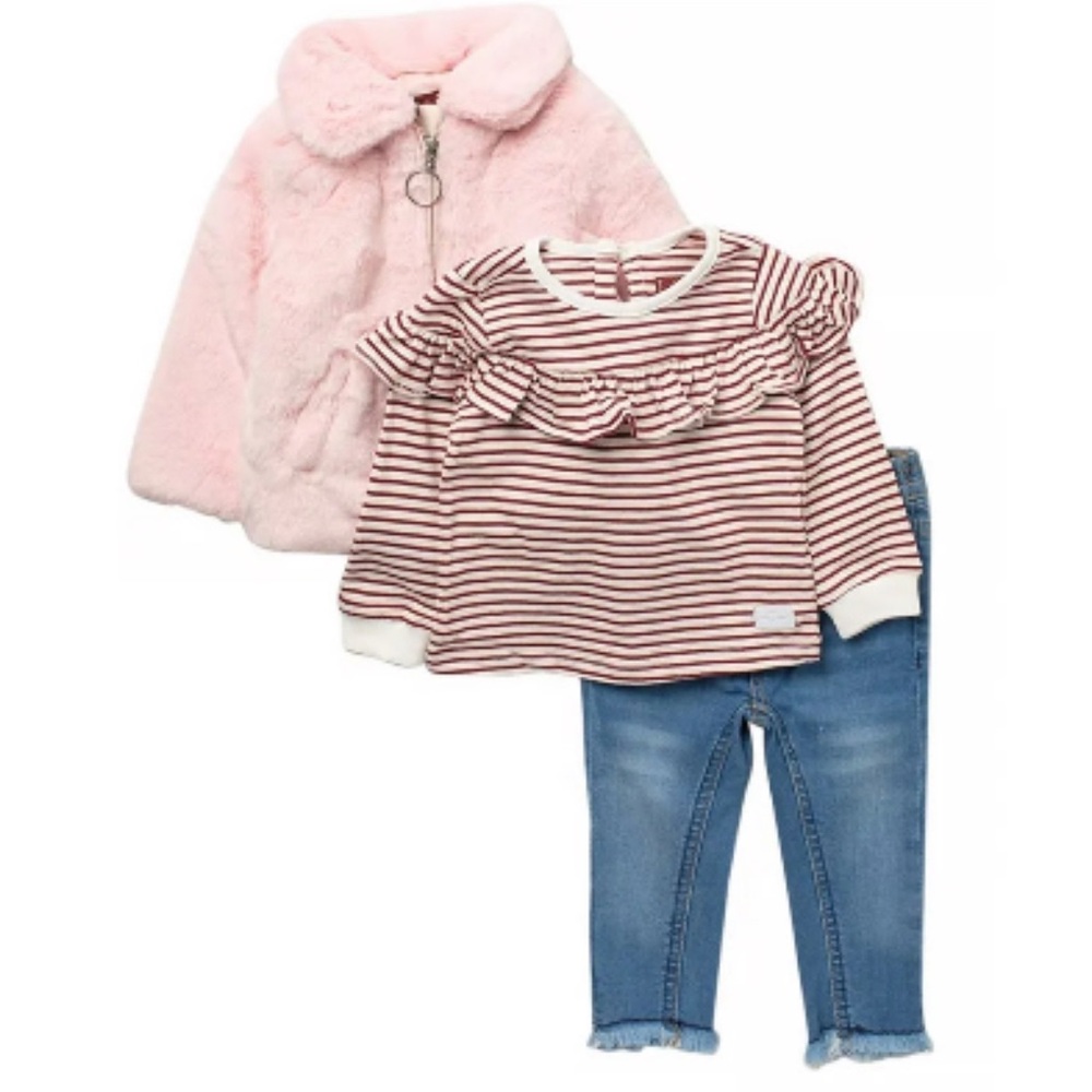 7 for all mankind Pink Faux Fur Jacket and Striped Top with Jeans Set 12 mo NEW
